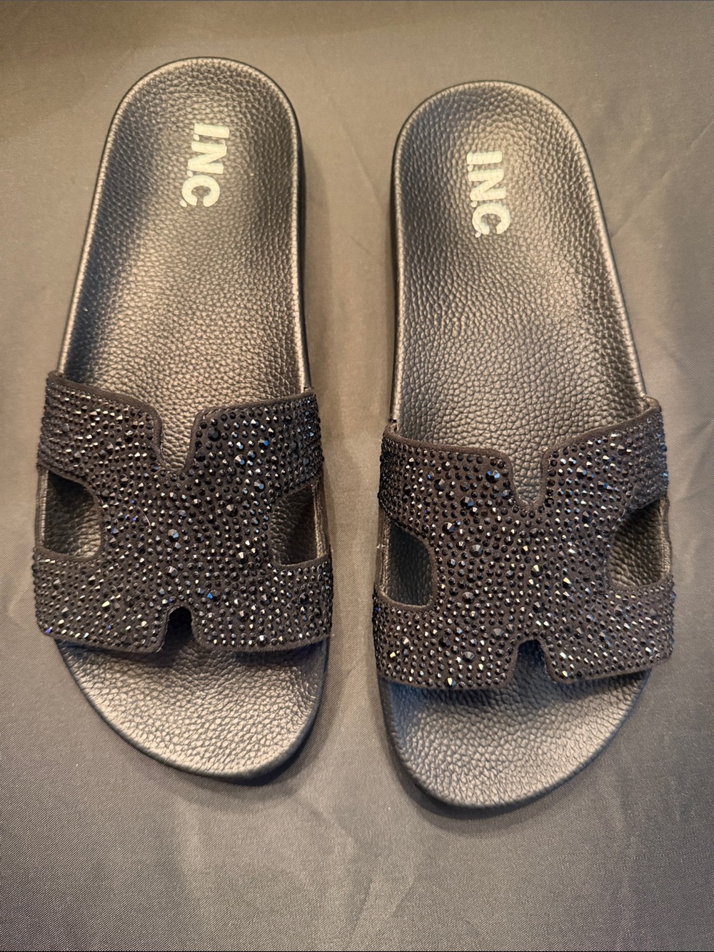 INC Black Crystal Embellished Slide Sandals